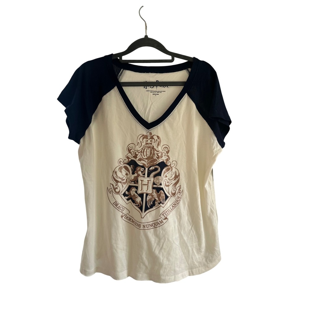 Harry Potter Womens Hogwarts Crest Raglan Sleep Shirt Ivory Navy Large